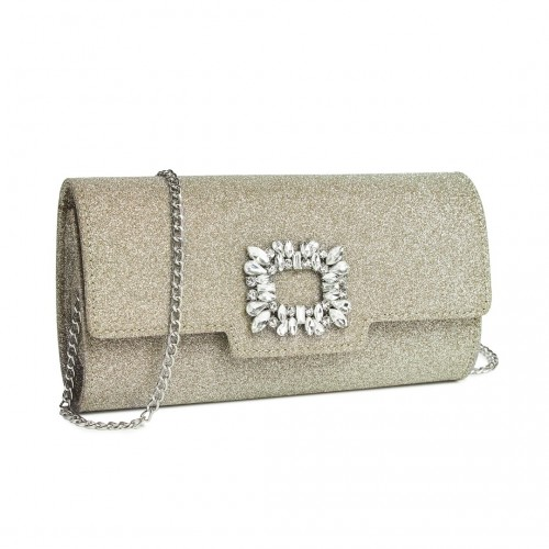 Elegant Gold Glitter Evening Clutch with Crystal Embellishment & Detachable Chain Strap | Miss Lulu Crossbody Handbag