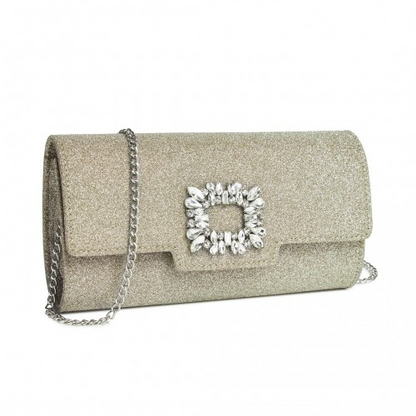 Elegant Gold Glitter Evening Clutch with Crystal Embellishment & Detachable Chain Strap | Miss Lulu Crossbody Handbag