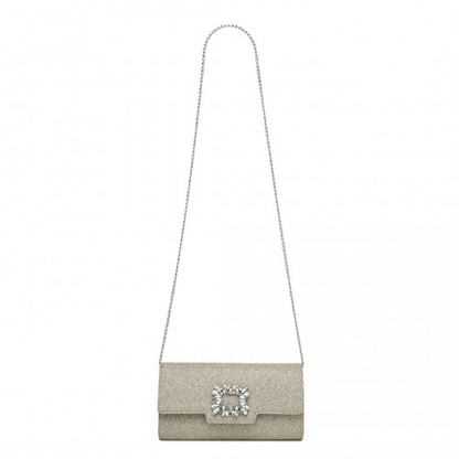 Elegant Gold Glitter Evening Clutch with Crystal Embellishment & Detachable Chain Strap | Miss Lulu Crossbody Handbag