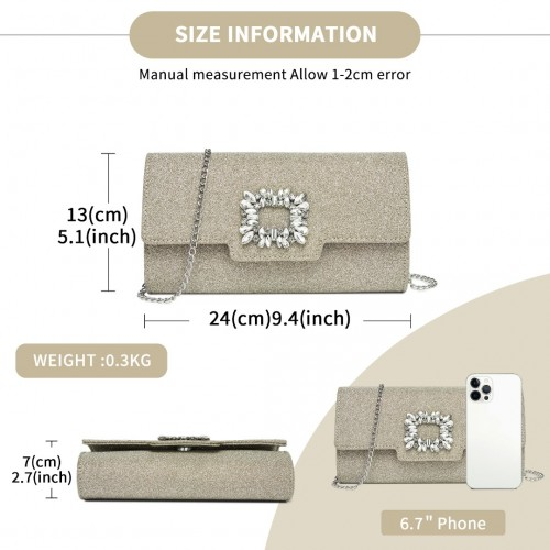 Elegant Gold Glitter Evening Clutch with Crystal Embellishment & Detachable Chain Strap | Miss Lulu Crossbody Handbag