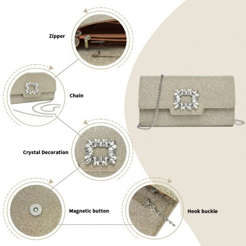 Elegant Gold Glitter Evening Clutch with Crystal Embellishment & Detachable Chain Strap | Miss Lulu Crossbody Handbag