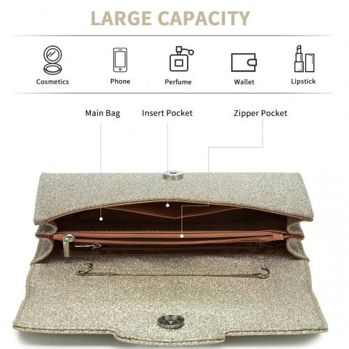 Elegant Gold Glitter Evening Clutch with Crystal Embellishment & Detachable Chain Strap | Miss Lulu Crossbody Handbag