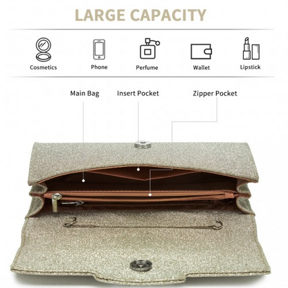 Elegant Gold Glitter Evening Clutch with Crystal Embellishment & Detachable Chain Strap | Miss Lulu Crossbody Handbag