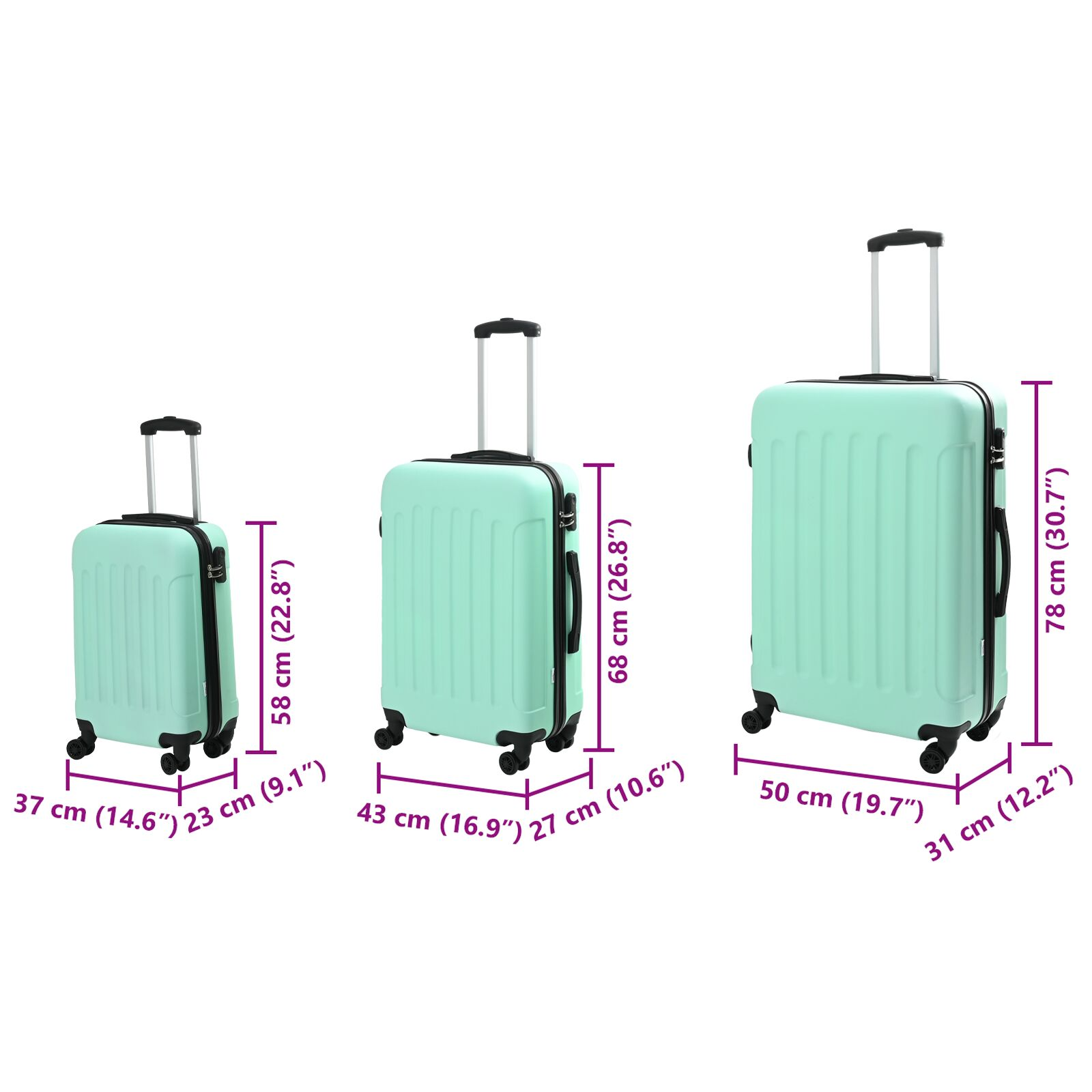 vidaXL Suitcase with Lock 3 pcs Mint green 50 x 31 x 78 cm ABS Plastic