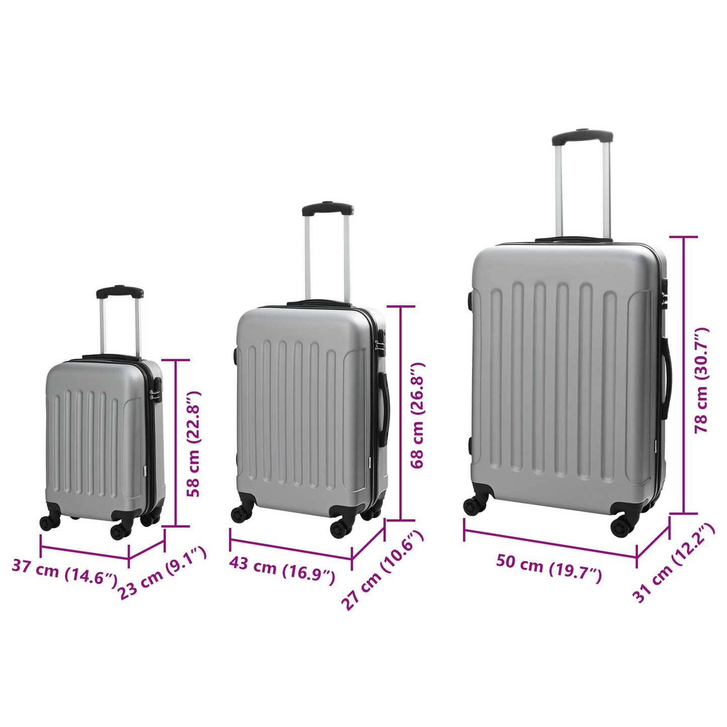 vidaXL Suitcase with Lock 3 pcs Silver 50 x 31 x 78 cm ABS Plastic