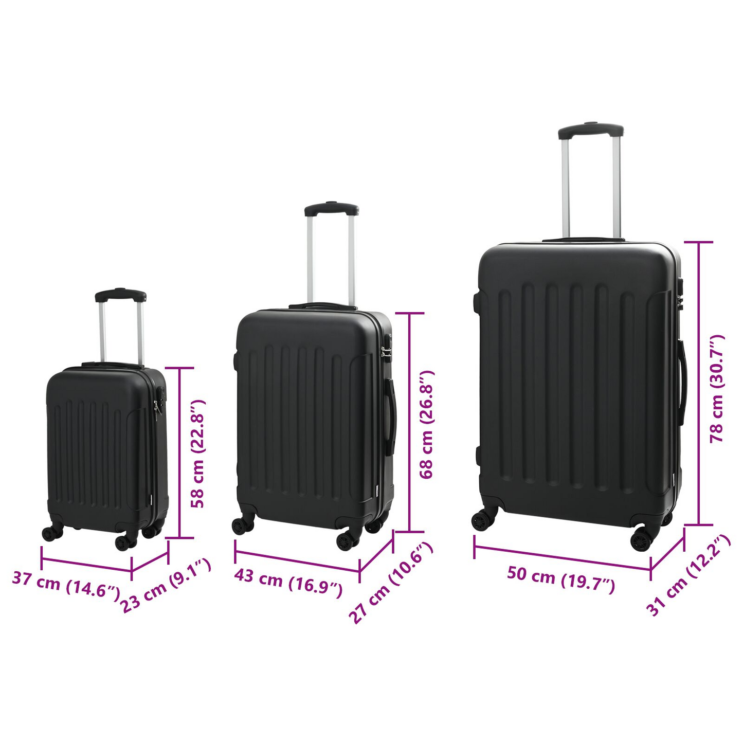 vidaXL Suitcase with Lock 3 pcs Black 50 x 31 x 78 cm ABS Plastic