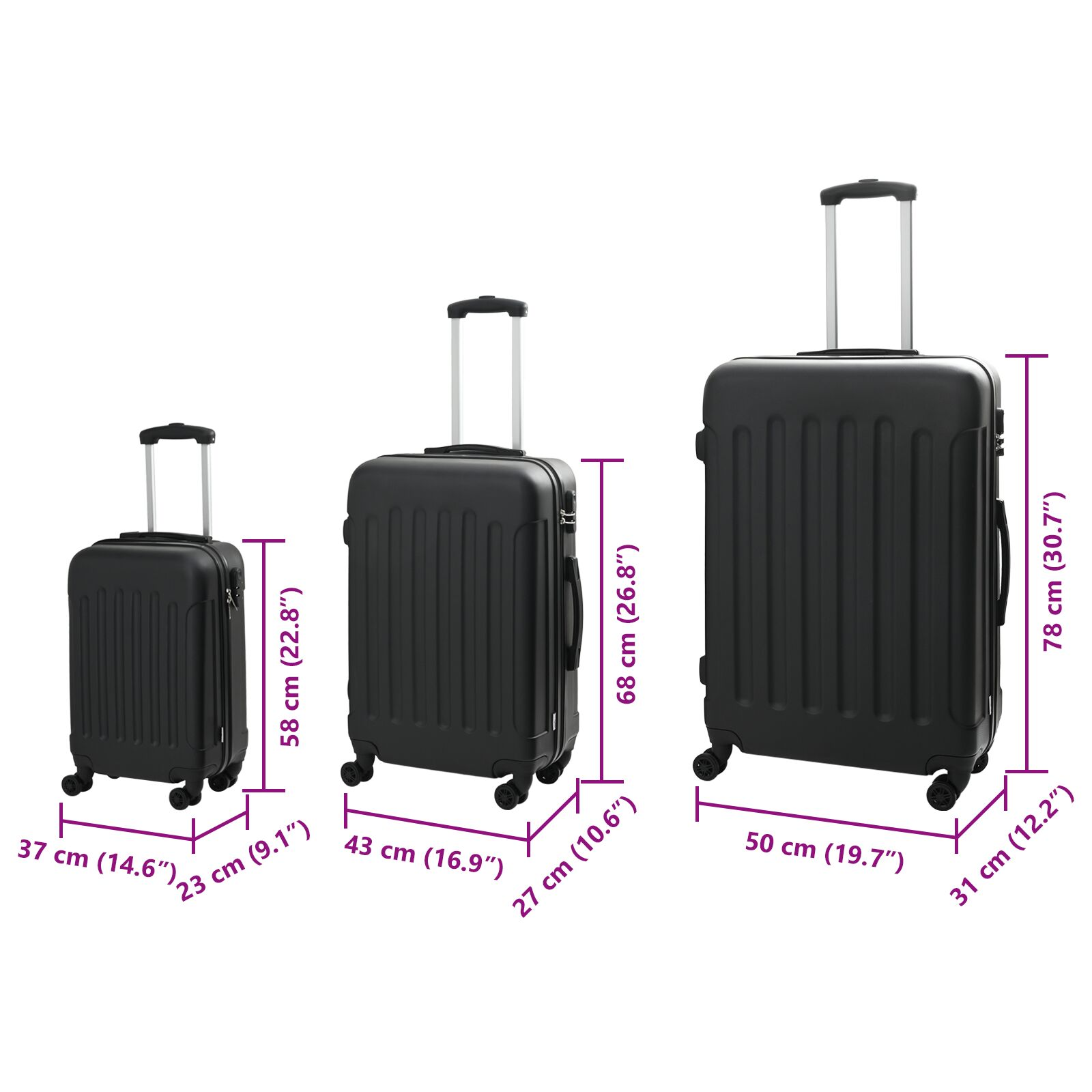 vidaXL Suitcase with Lock 3 pcs Black 50 x 31 x 78 cm ABS Plastic