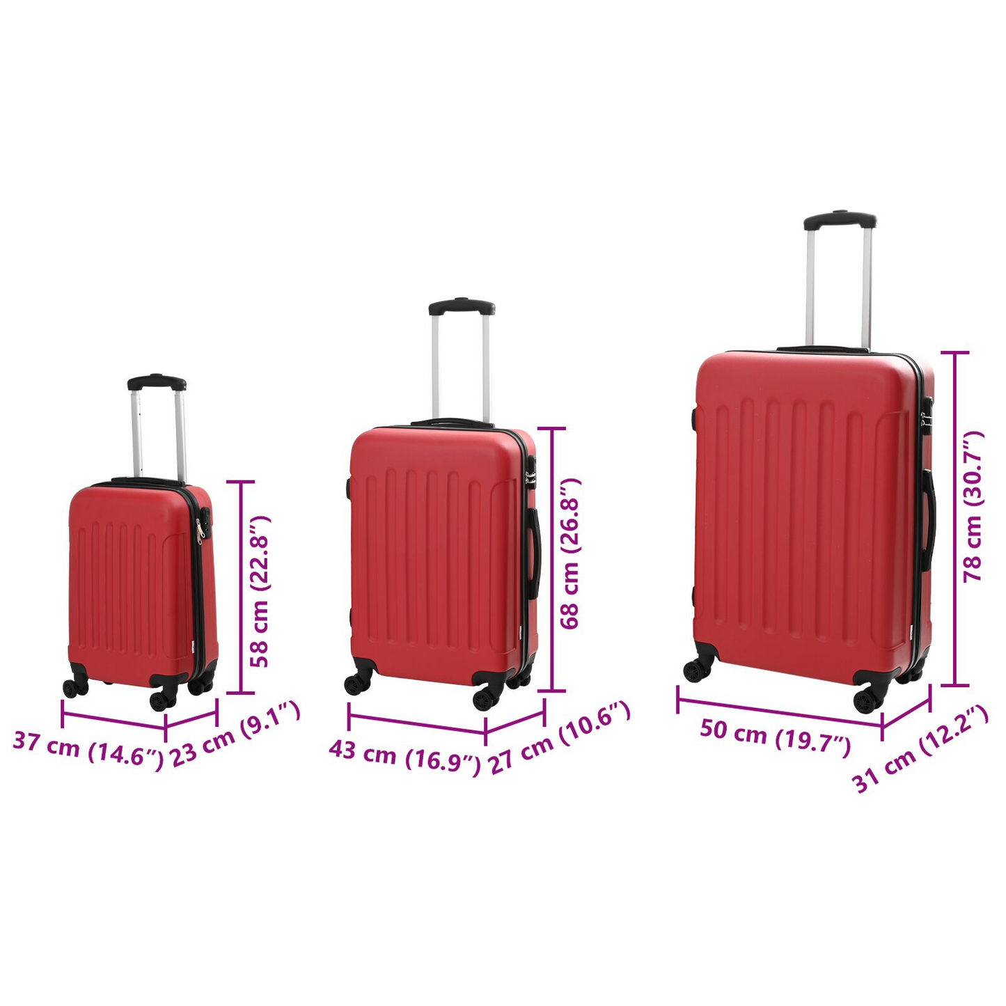 vidaXL Suitcase with Lock 3 pcs Red 50 x 31 x 78 cm ABS Plastic