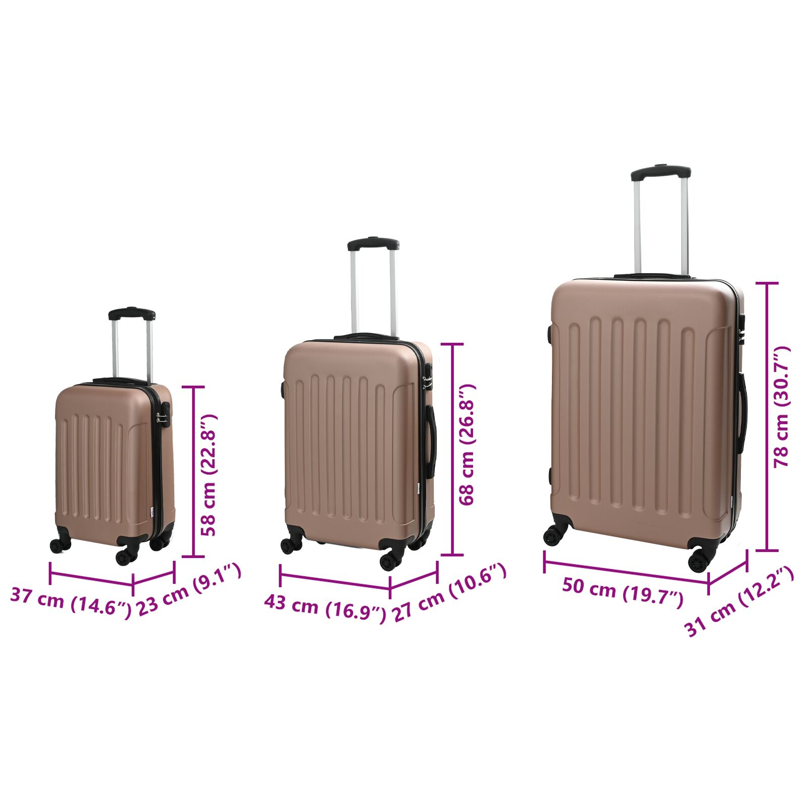 vidaXL Suitcase with Lock 3 pcs Rose Gold 50 x 31 x 78 cm ABS Plastic