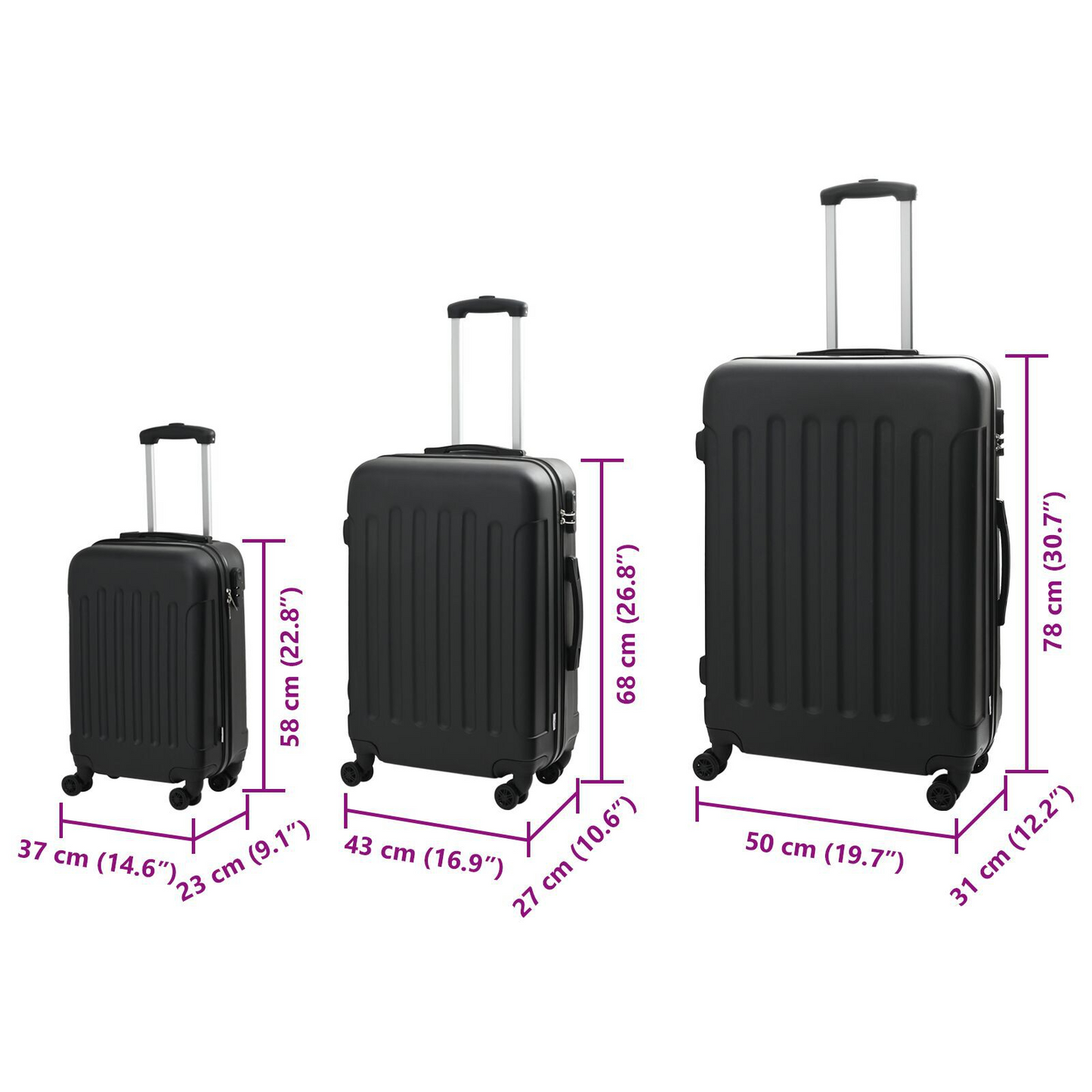 vidaXL Suitcase with Lock 3 pcs Black 50 x 31 x 78 cm ABS Plastic