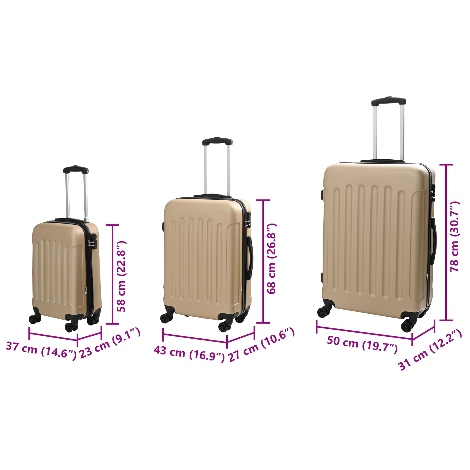 vidaXL Suitcase with Lock 3 pcs Champagne 50 x 31 x 78 cm ABS Plastic