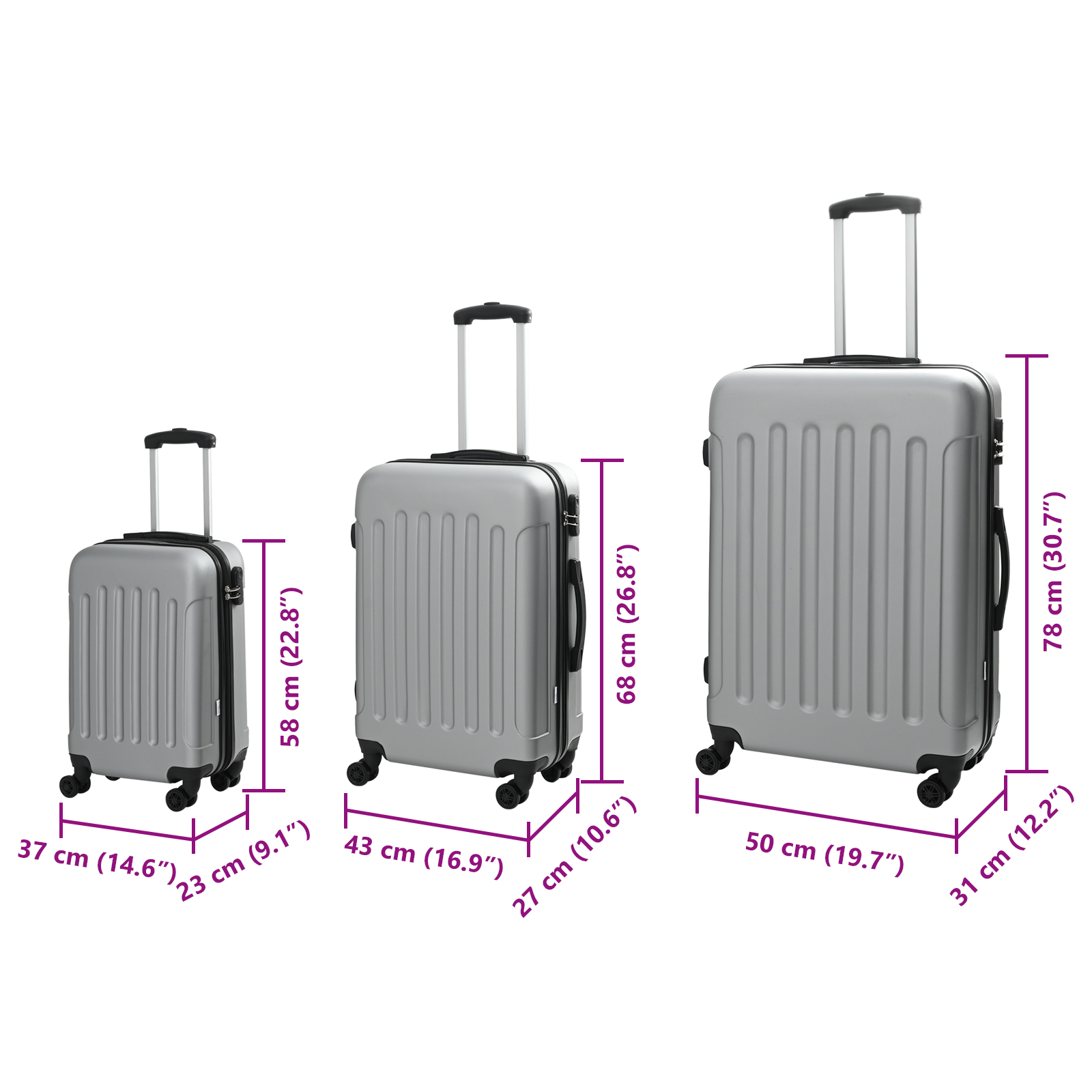 vidaXL Suitcase with Lock 3 pcs Silver 50 x 31 x 78 cm ABS Plastic