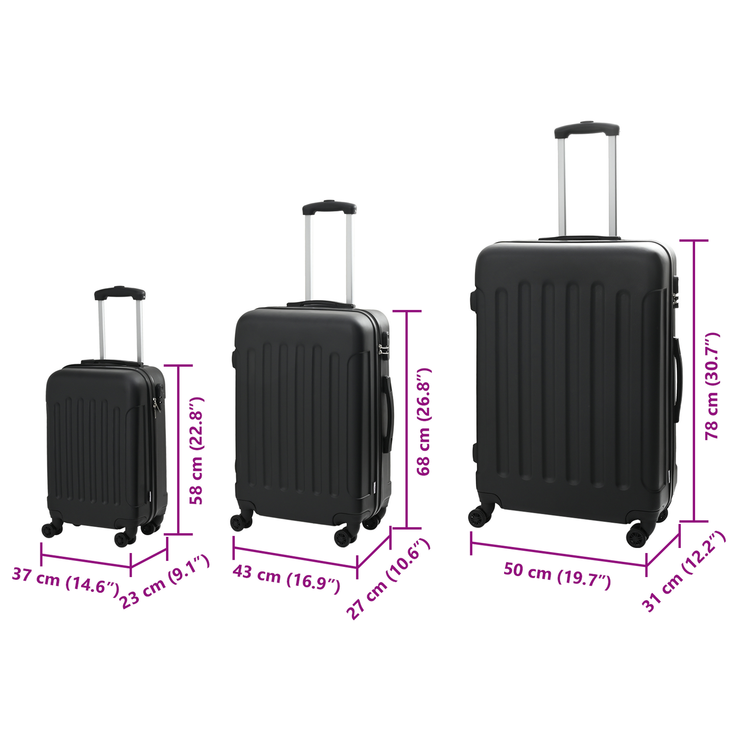 vidaXL Suitcase with Lock 3 pcs Black 50 x 31 x 78 cm ABS Plastic