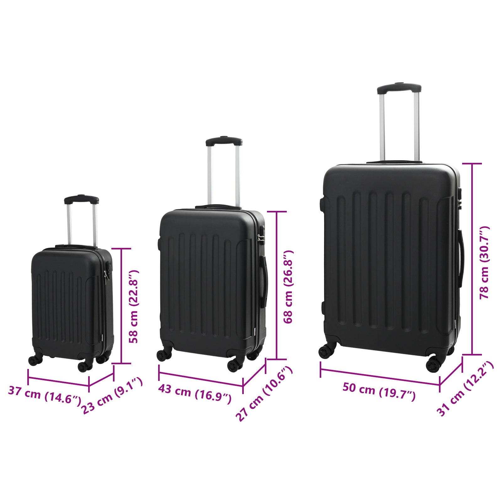 vidaXL Suitcase with Lock 3 pcs Black 50 x 31 x 78 cm ABS Plastic