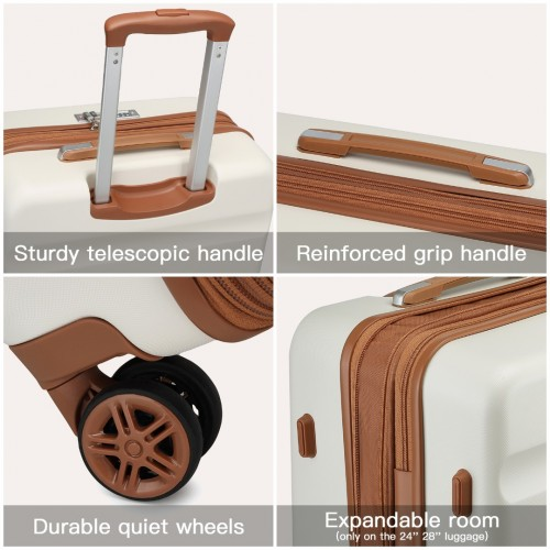 KSK2482 - Kono 28 Inch Expandable Horizontal Engraved Hard Shell ABS+PC Check-In Suitcase with TSA Lock - Cream