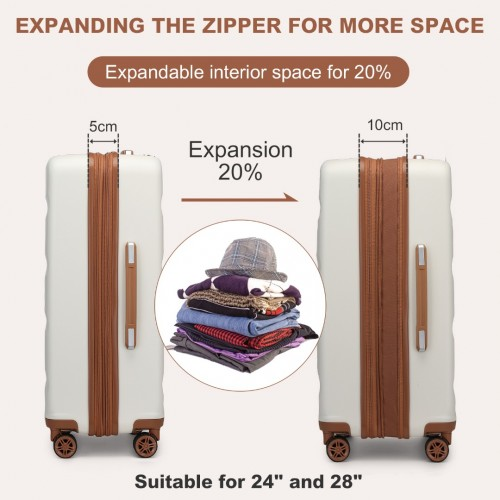 KSK2482 - Kono 28 Inch Expandable Horizontal Engraved Hard Shell ABS+PC Check-In Suitcase with TSA Lock - Cream