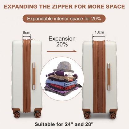 KSK2482 - Kono 28 Inch Expandable Horizontal Engraved Hard Shell ABS+PC Check-In Suitcase with TSA Lock - Cream