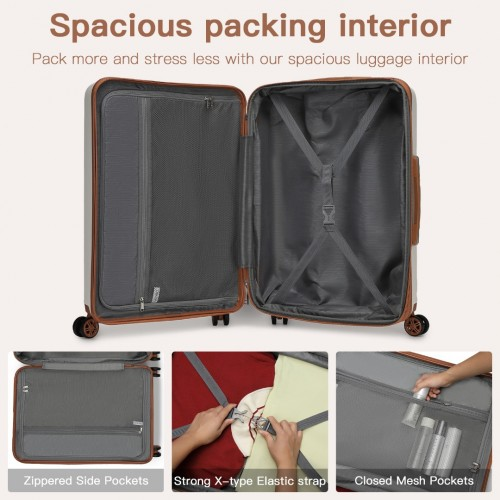 KSK2482 - Kono 28 Inch Expandable Horizontal Engraved Hard Shell ABS+PC Check-In Suitcase with TSA Lock - Cream