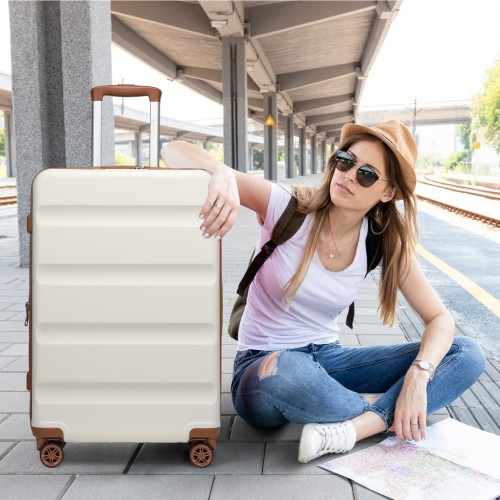 KSK2482 - Kono 28 Inch Expandable Horizontal Engraved Hard Shell ABS+PC Check-In Suitcase with TSA Lock - Cream