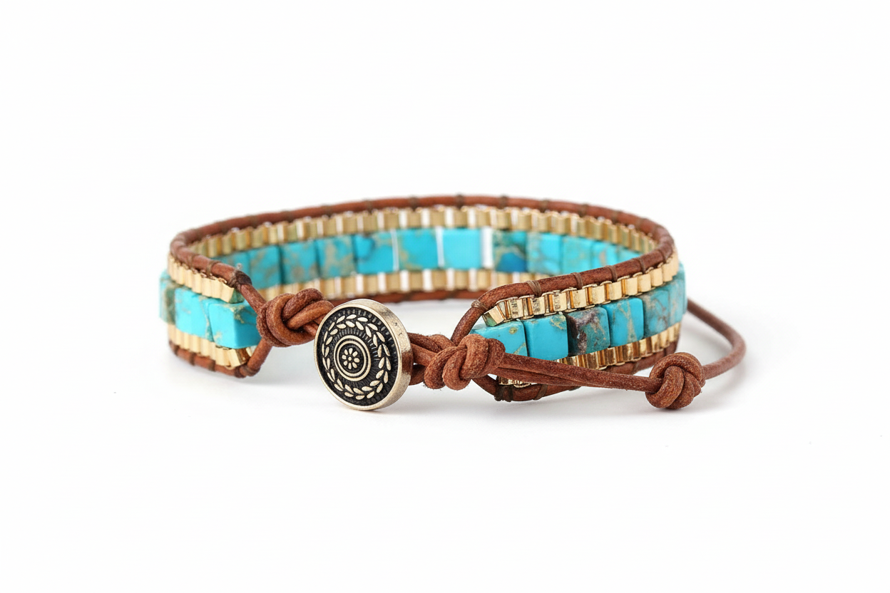 Vintage Gold Chain Turquoise Woven Bracelet