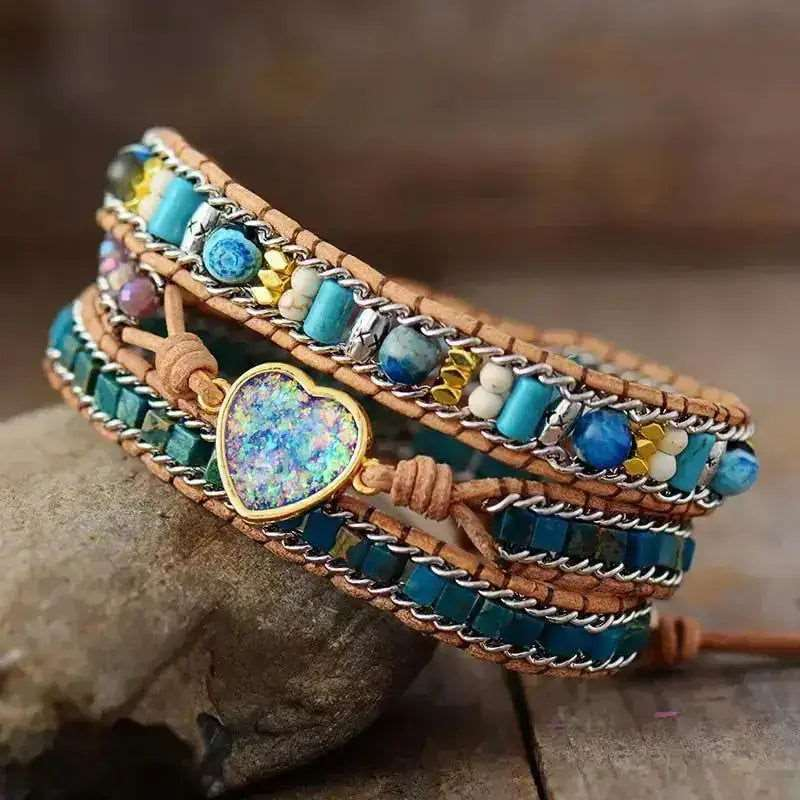 Blue Heart Opal Leather Bracelet