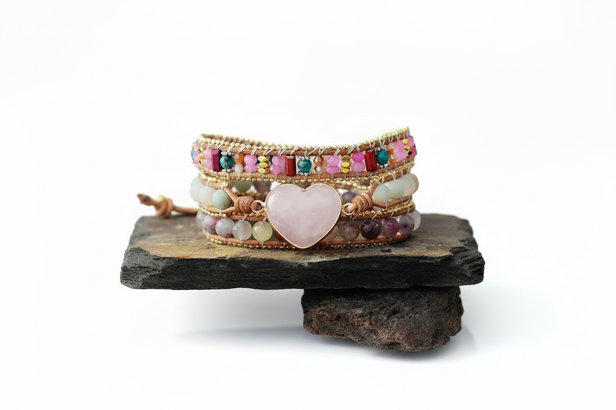 Rose Quartz & Tourmaline Heart Wrap Bracelet