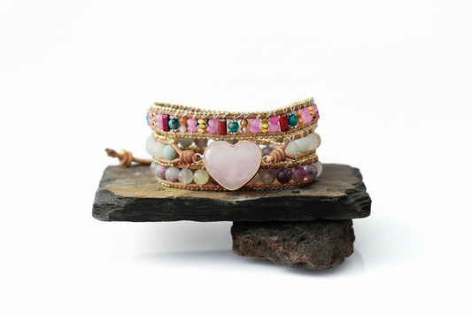 Rose Quartz & Tourmaline Heart Wrap Bracelet