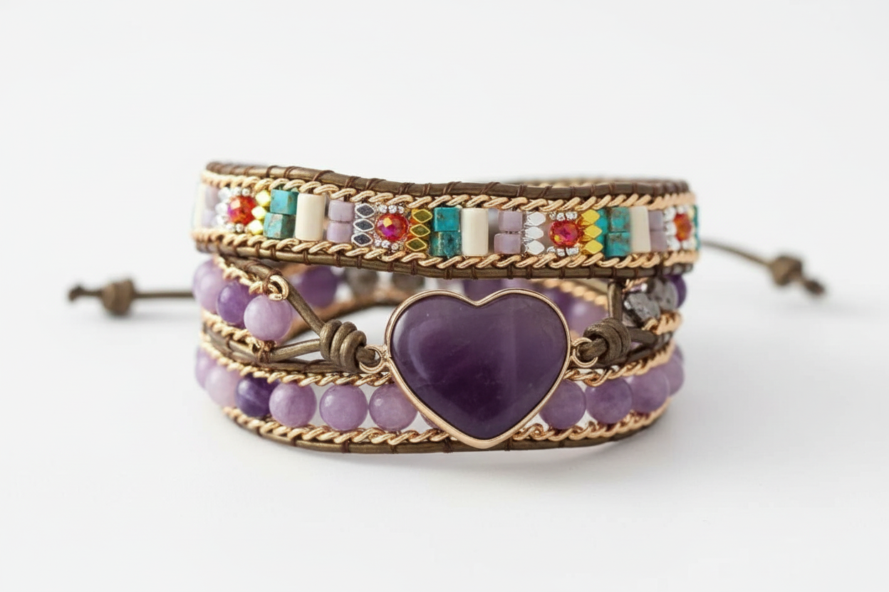 Amethyst Heart Wrap Bracelet