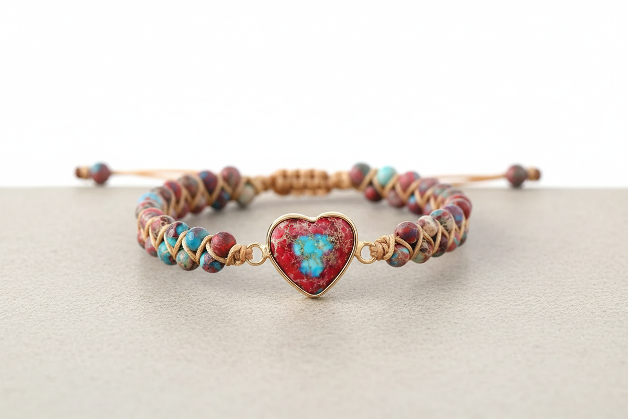 Imperial Jasper Heart Charm Macrame Bracelet