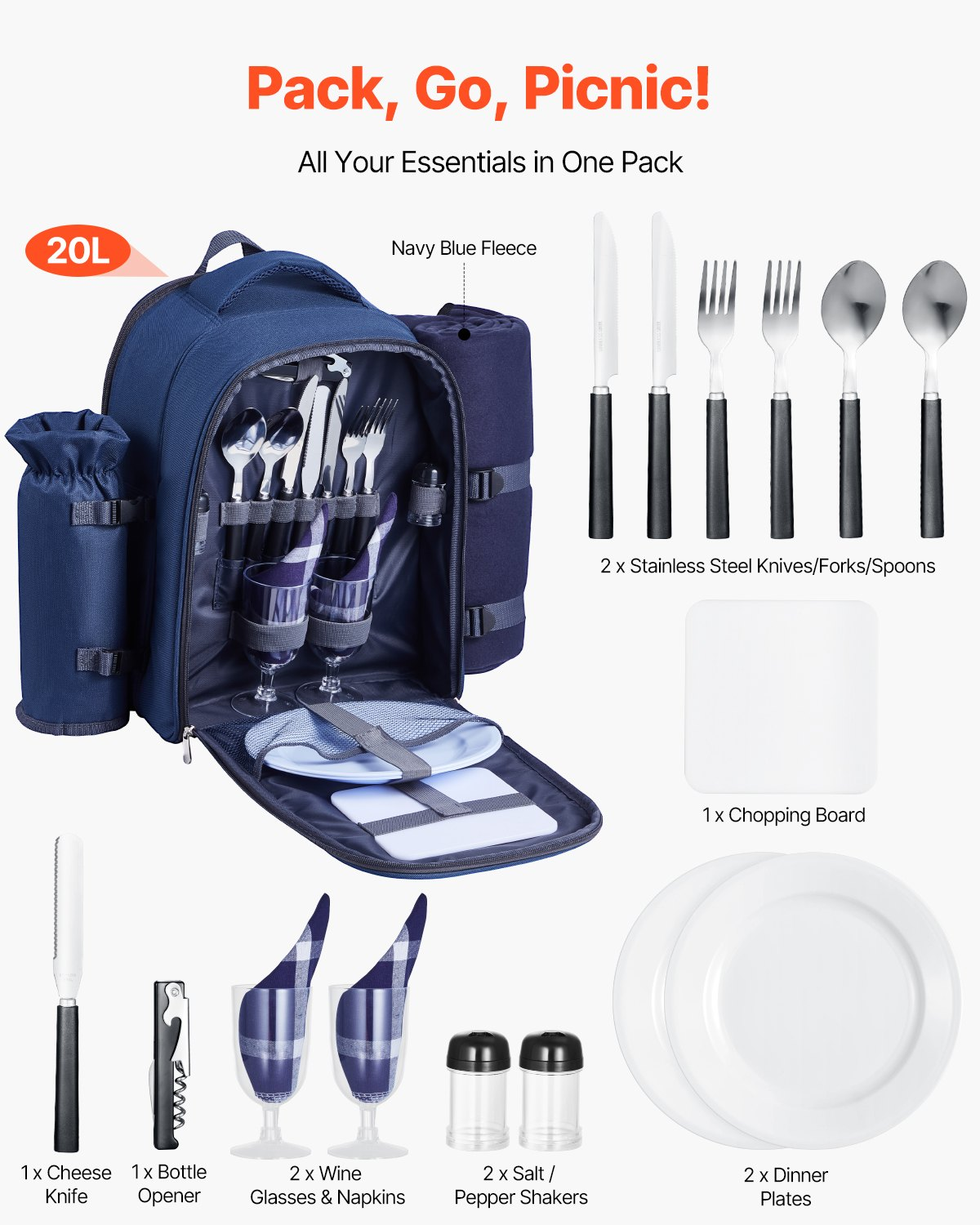 VEVOR Picnic Backpack for 2 - Insulated Cooler, Wine Holder, Blanket, Plates & Cutlery Set - Navy Blue