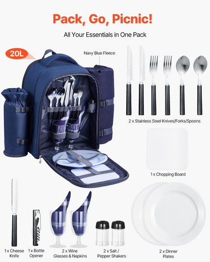 VEVOR Picnic Backpack for 2 - Insulated Cooler, Wine Holder, Blanket, Plates & Cutlery Set - Navy Blue