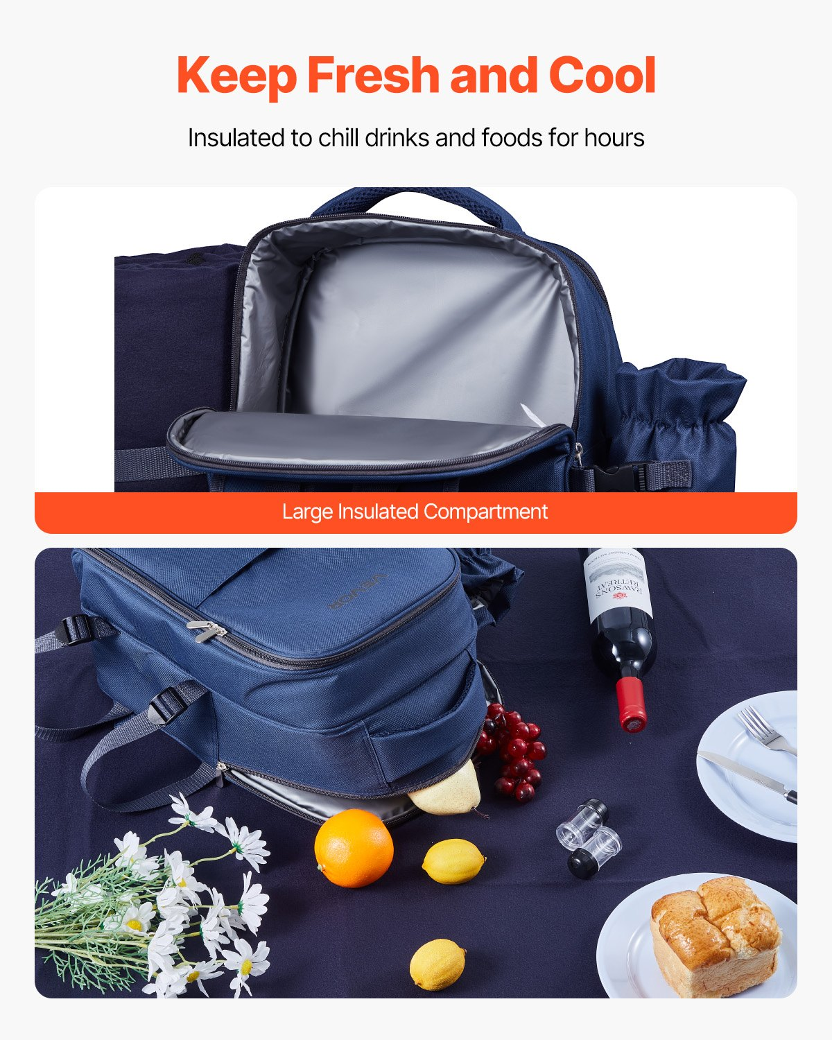 VEVOR Picnic Backpack for 2 - Insulated Cooler, Wine Holder, Blanket, Plates & Cutlery Set - Navy Blue