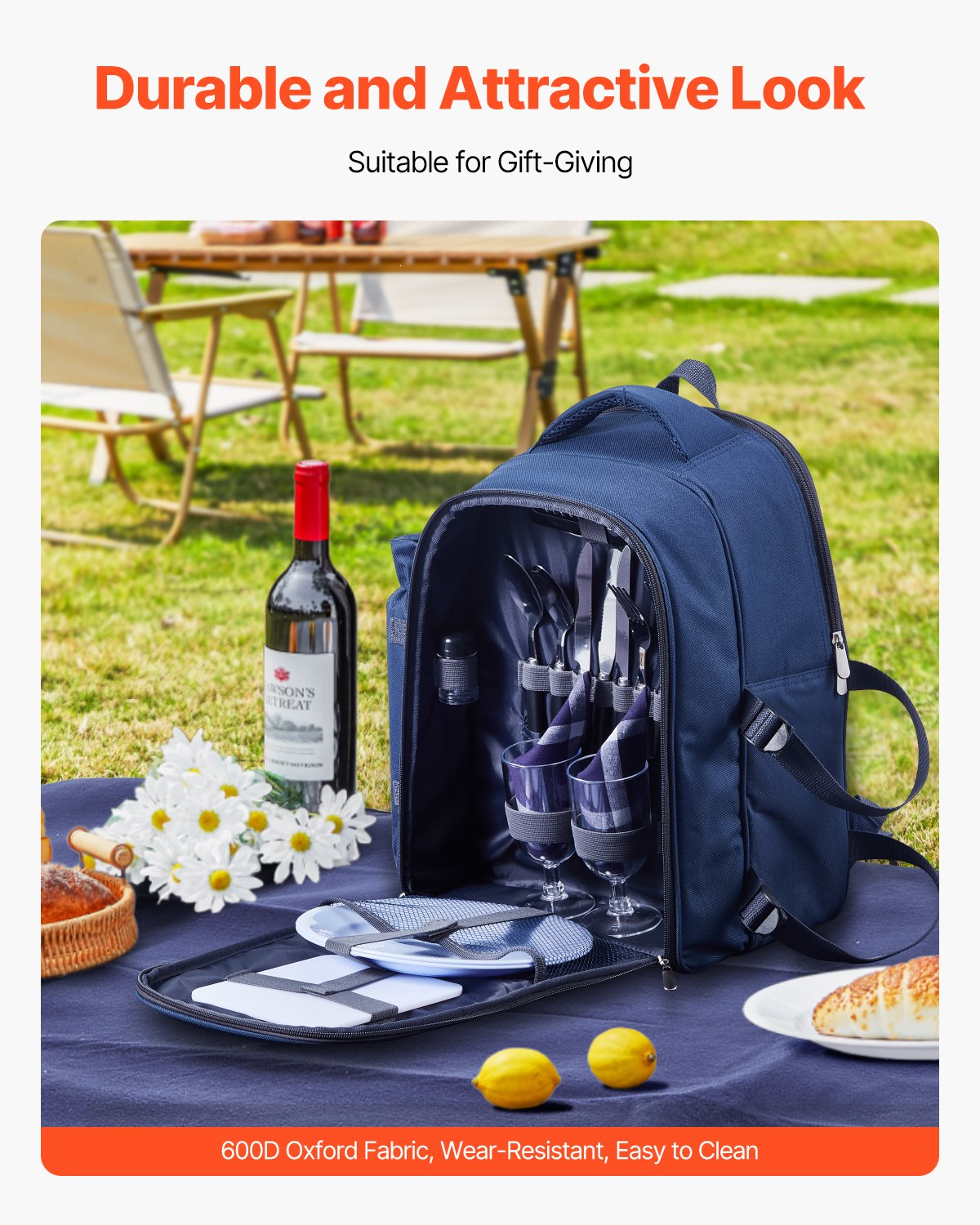 VEVOR Picnic Backpack for 2 - Insulated Cooler, Wine Holder, Blanket, Plates & Cutlery Set - Navy Blue