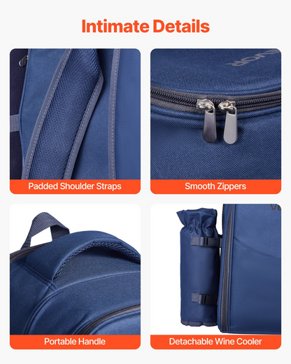 VEVOR Picnic Backpack for 2 - Insulated Cooler, Wine Holder, Blanket, Plates & Cutlery Set - Navy Blue