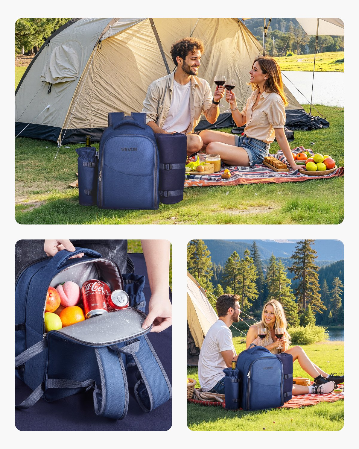 VEVOR Picnic Backpack for 2 - Insulated Cooler, Wine Holder, Blanket, Plates & Cutlery Set - Navy Blue