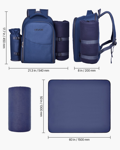 VEVOR Picnic Backpack for 2 - Insulated Cooler, Wine Holder, Blanket, Plates & Cutlery Set - Navy Blue