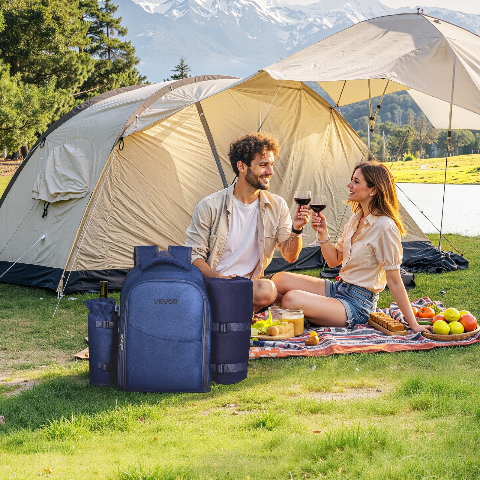 VEVOR Picnic Backpack for 2 - Insulated Cooler, Wine Holder, Blanket, Plates & Cutlery Set - Navy Blue