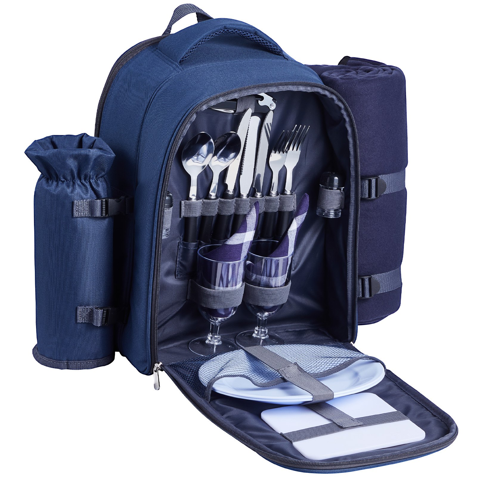 VEVOR Picnic Backpack for 2 - Insulated Cooler, Wine Holder, Blanket, Plates & Cutlery Set - Navy Blue