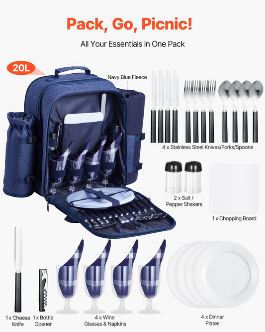 VEVOR Picnic Backpack for 4 with Insulated Cooler, Detachable Bottle Holder, Blanket, Plates & Cutlery - Navy Blue