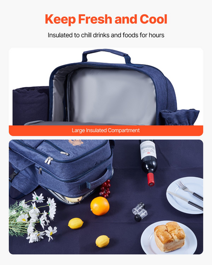 VEVOR Picnic Backpack for 4 with Insulated Cooler, Detachable Bottle Holder, Blanket, Plates & Cutlery - Navy Blue