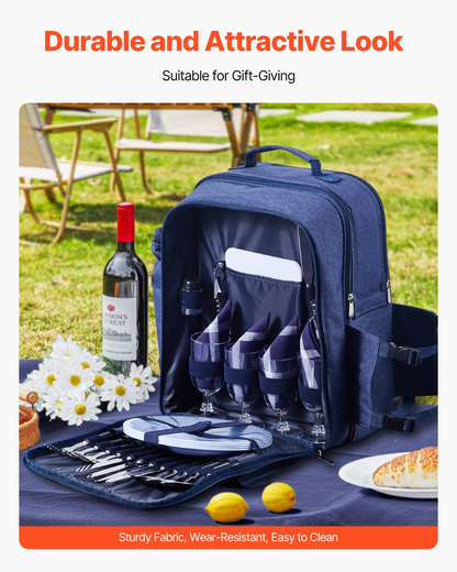 VEVOR Picnic Backpack for 4 with Insulated Cooler, Detachable Bottle Holder, Blanket, Plates & Cutlery - Navy Blue