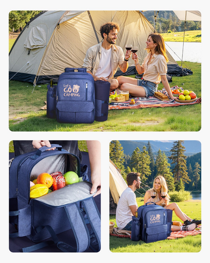 VEVOR Picnic Backpack for 4 with Insulated Cooler, Detachable Bottle Holder, Blanket, Plates & Cutlery - Navy Blue