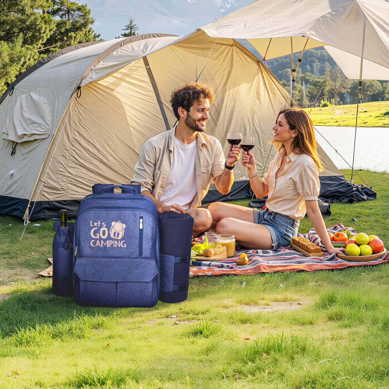 VEVOR Picnic Backpack for 4 with Insulated Cooler, Detachable Bottle Holder, Blanket, Plates & Cutlery - Navy Blue