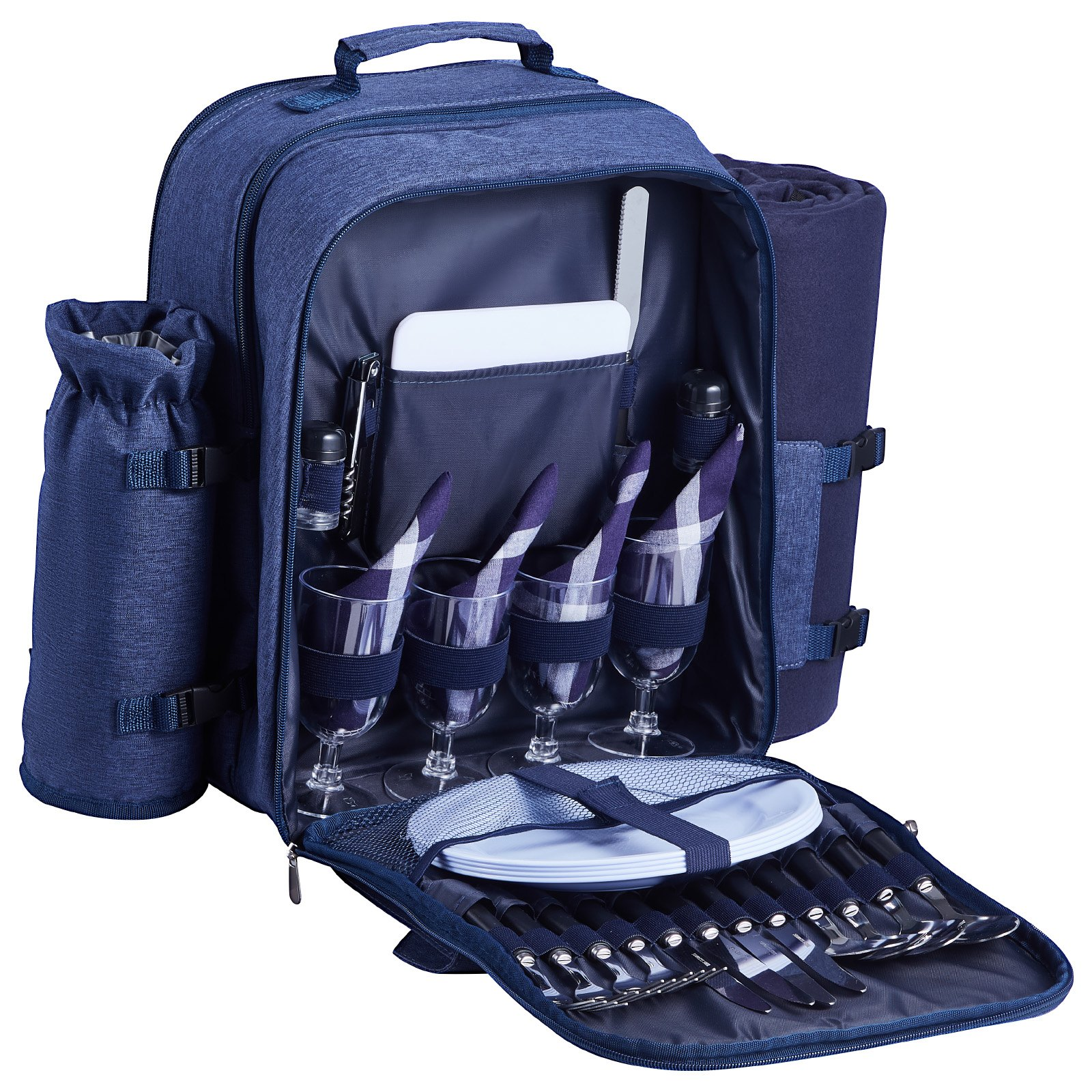 VEVOR Picnic Backpack for 4 with Insulated Cooler, Detachable Bottle Holder, Blanket, Plates & Cutlery - Navy Blue