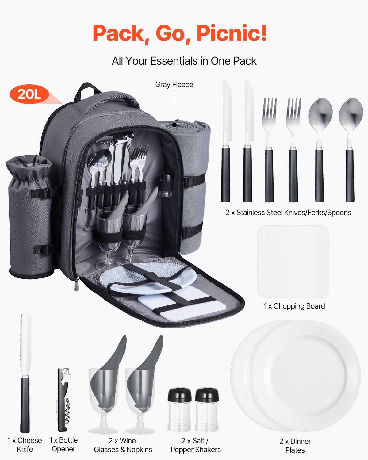 VEVOR Picnic Backpack for 2 with Insulated Compartment, Detachable Wine Holder & Cutlery Set - Perfect for Hiking & Camping, Grey