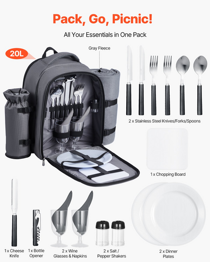VEVOR Picnic Backpack for 2 with Insulated Compartment, Detachable Wine Holder & Cutlery Set - Perfect for Hiking & Camping, Grey
