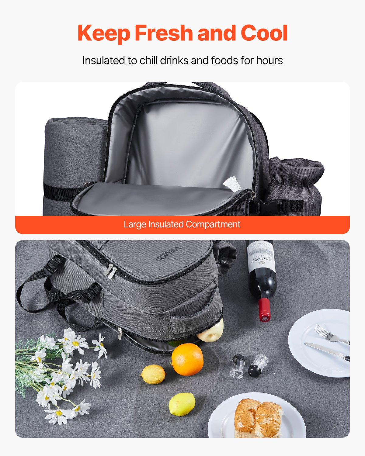 VEVOR Picnic Backpack for 2 with Insulated Compartment, Detachable Wine Holder & Cutlery Set - Perfect for Hiking & Camping, Grey