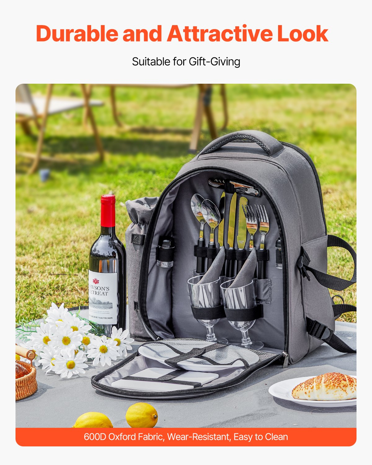 VEVOR Picnic Backpack for 2 with Insulated Compartment, Detachable Wine Holder & Cutlery Set - Perfect for Hiking & Camping, Grey