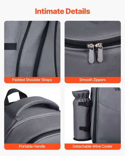 VEVOR Picnic Backpack for 2 with Insulated Compartment, Detachable Wine Holder & Cutlery Set - Perfect for Hiking & Camping, Grey