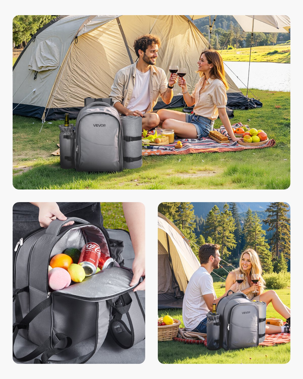 VEVOR Picnic Backpack for 2 with Insulated Compartment, Detachable Wine Holder & Cutlery Set - Perfect for Hiking & Camping, Grey